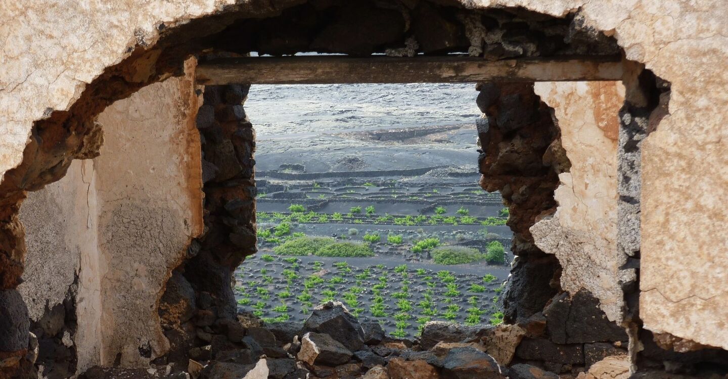 WL 1028 3 Lanzarote 29.006933 -13.657133 Blick Ruine auf Weinfelder