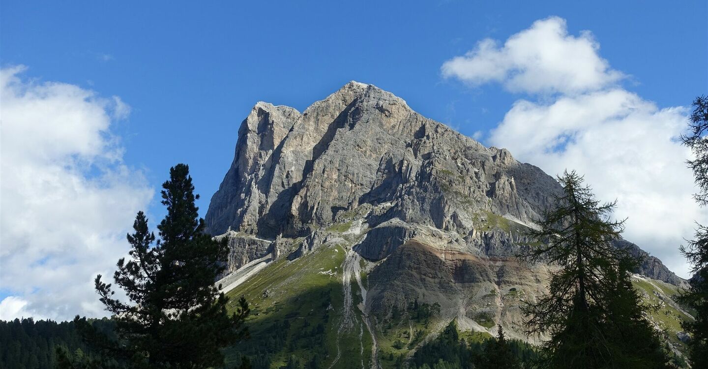 WKB2 1051 3 Sobald der Wald links von uns den Blick frei gibt, erspähen wir den 2875 m hohen Peiterlerkofel.